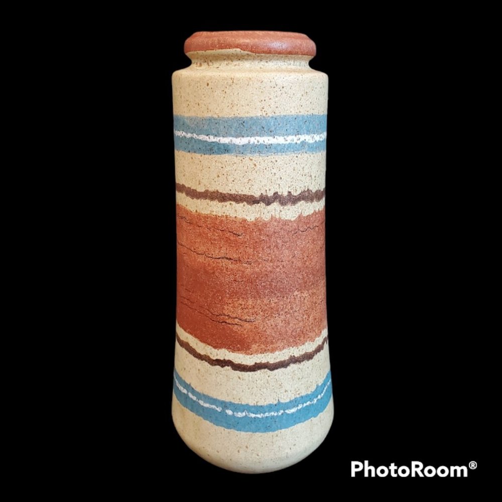 Raymor Italy Brown Blue Cream Textured Stripe Earthy Pottery Cylinder Vase Vtg